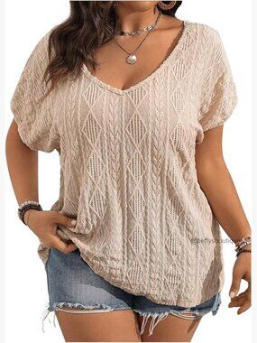 Plus Size Short Sleeve Crochet Lace V Neck Boho Blouse Tee Top